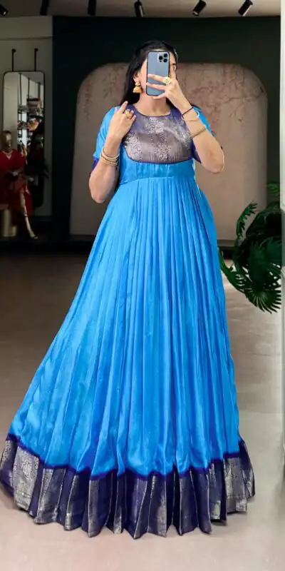 YNF 5012 Blue Mass Mello Gown with Zari Work. Available at βΉ1799 only. Wedding, Party, Festive, Events Delivery 4-6 Working Days. Shop now. | Gowns, Bollywood Gowns, Creative Gowns, Designer Gowns, Embroidered Gowns, Party Wear Gowns