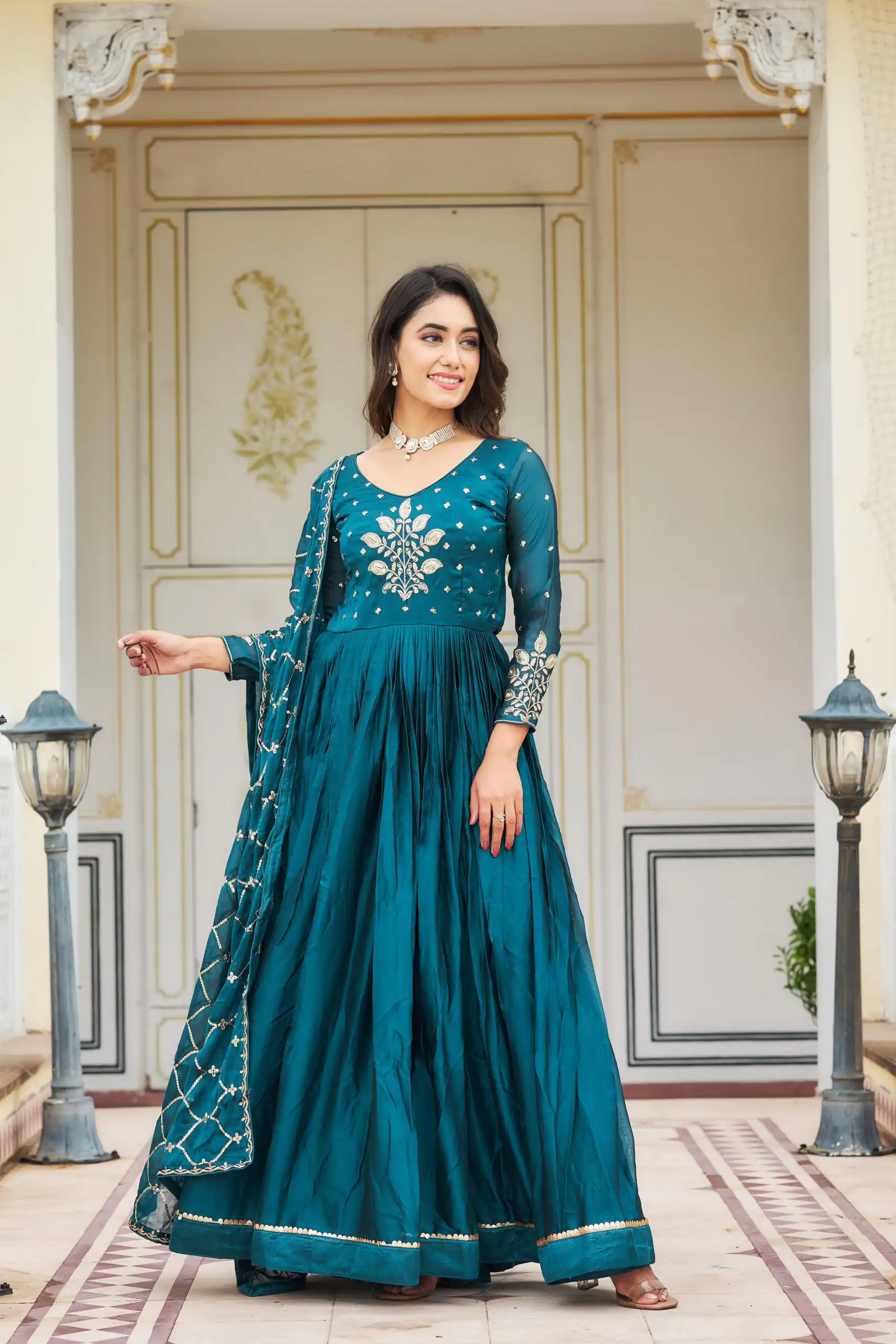 Ram 022 Blue Color Rangoli Sequence Embroidery Gown Casual, Wedding, Festive, Events Expected Delivery 4-6 Working Days @2099/- | Gowns, Bollywood Gowns, Creative Gowns, Designer Gowns, Embroidered Gowns, Party Wear Gowns