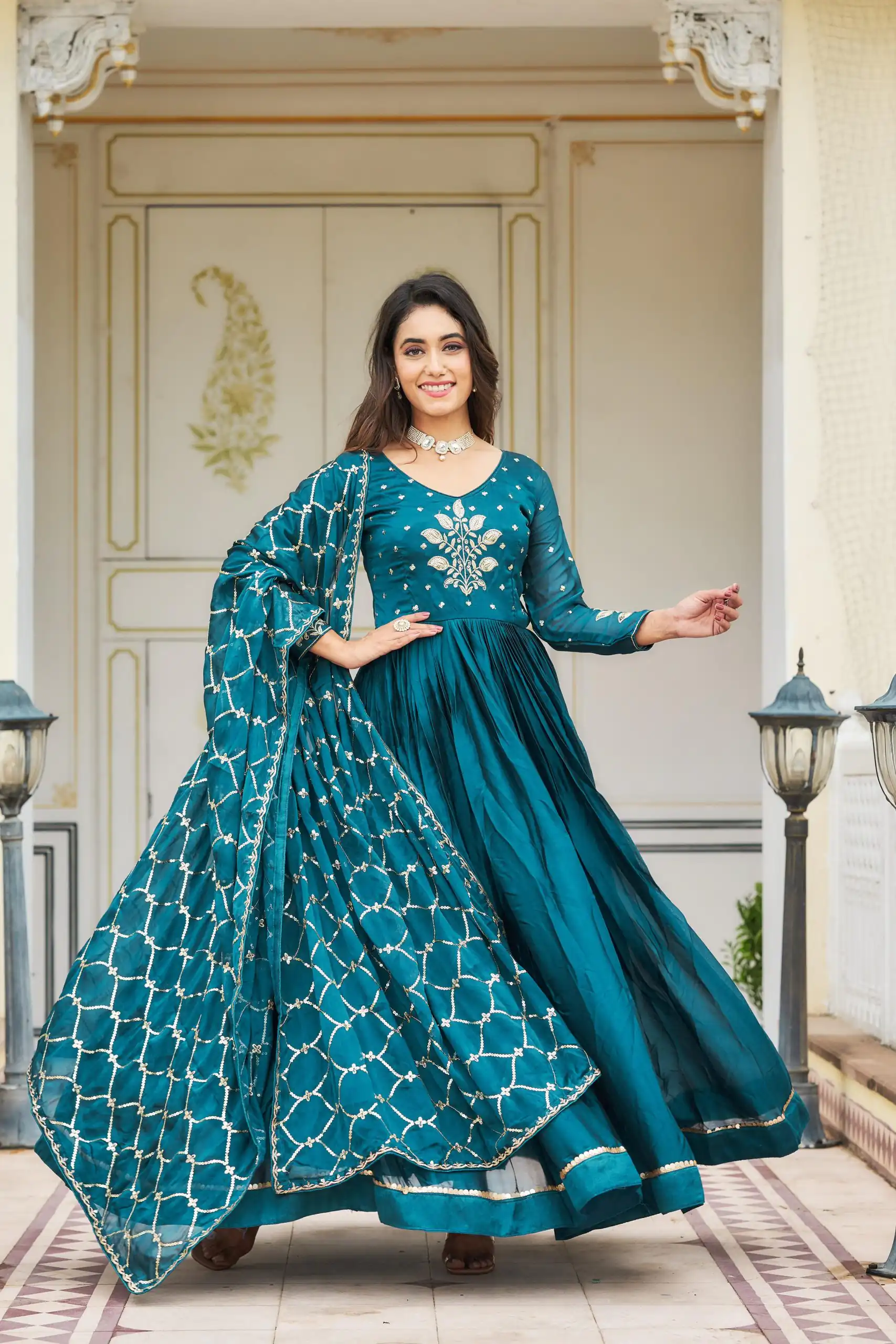 Ram 022 Blue Color Rangoli Sequence Embroidery Gown Casual, Wedding, Festive, Events Expected Delivery 4-6 Working Days @2099/- | Gowns, Bollywood Gowns, Creative Gowns, Designer Gowns, Embroidered Gowns, Party Wear Gowns