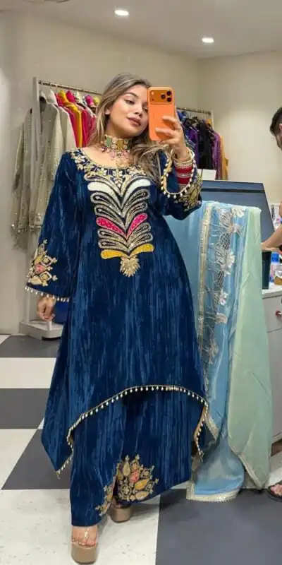 LG 2042 Blue Velvet Salwar Suit with Embroidery Work. Wedding, Party, Festive, Events, Festive Deal ₹1999. Delivery 4-6 Working Days. Shop now. | Jump Suits, Tops & Bottoms, Track Suits, Salwar suit, Casual Suits, Creative suits, Designer Suits, Palazzo Suits, Party Wear Suits, Patiala Suits, Straight Suits, Trendy Wear