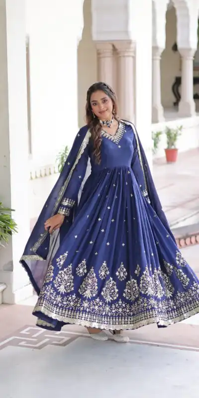 KA 1214 Blue Vichitra Silk Gown Perfect for Wedding, Party, Lohri, Onam, Festival Celebrations β . Grab it for βΉ2449. Delivery 4-6 Working Days. | Gowns, Bollywood Gowns, Creative Gowns, Designer Gowns, Embroidered Gowns, Party Wear Gowns
