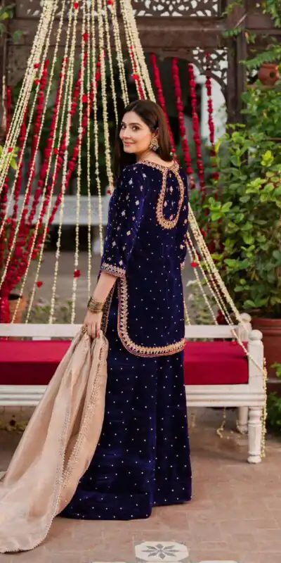 Blue Viscose Velvet Thread Sequence Work Salwar Suit
