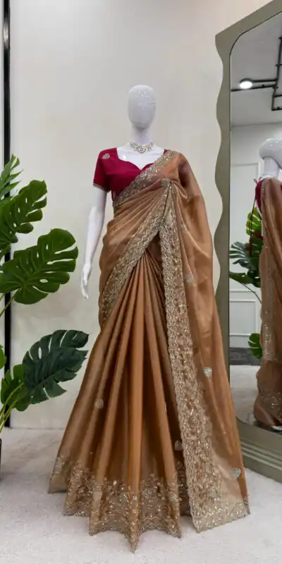 KD 566 Brown Burberry Silk Sequence work Saree with Designer Work. Special Price ₹1949. Delivery 4-6 Working Days. Shop now. | Sarees, Bollywood Sarees, Creative Sarees, Designer Sarees, Embroidered Sarees, Ethnic Saree, Modern Digital sarees, Party Wear Sarees