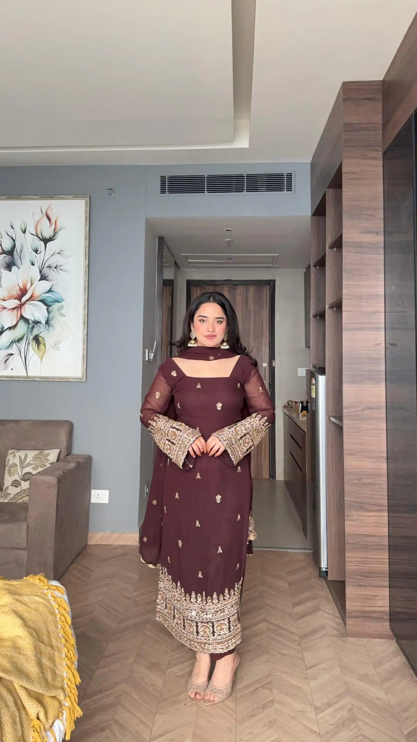 ZSR 3156 Brown Georgette Salwar Suit with Embroidery Work. Wedding, Party, Festive, Events, Grab it for ₹2049. Delivery 4-6 Working Days. Shop now. | Jump Suits, Tops & Bottoms, Track Suits, Salwar suit, Casual Suits, Creative suits, Designer Suits, Palazzo Suits, Party Wear Suits, Patiala Suits, Straight Suits, Trendy Wear