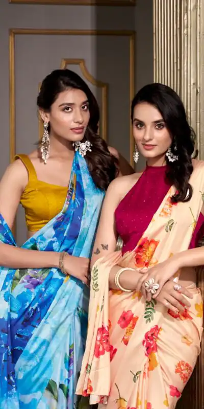 YNF 7026 Cream Color Satin Silk Printed Saree Casual, Wedding, Festive, Events . Expected Delivery 4-6 Working Days @1599/- only | Sarees, Bollywood Sarees, Creative Sarees, Designer Sarees, Embroidered Sarees, Ethnic Saree, Modern Digital sarees, Party Wear Sarees