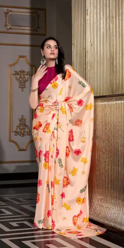 YNF 7026 Cream Color Satin Silk Printed Saree Casual, Wedding, Festive, Events . Expected Delivery 4-6 Working Days @1599/- only | Sarees, Bollywood Sarees, Creative Sarees, Designer Sarees, Embroidered Sarees, Ethnic Saree, Modern Digital sarees, Party Wear Sarees