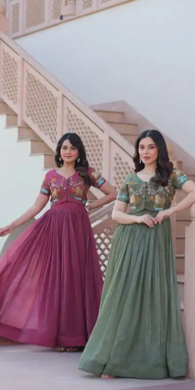 KA 1170 Dark Pista Color Silver Crunchy Gown with Embroidery Work. Introductory Price ₹1799. Delivery 4-6 Working Days. Shop now. | Gowns, Bollywood Gowns, Creative Gowns, Designer Gowns, Embroidered Gowns, Party Wear Gowns