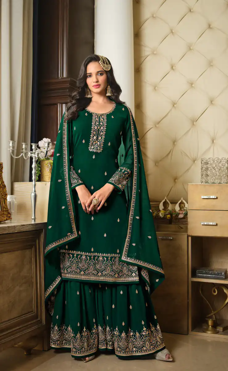 DS LT 8301 Green color Georgette Embroidery Sequence Work Sharara Suit Wedding, Festive, Events Etc. Expected Delivery 4-6 Working Days @2149/- | Jump Suits, Salwar suit, Casual Suits, Creative suits, Designer Suits, Palazzo Suits, Party Wear Suits, Patiala Suits, Straight Suits