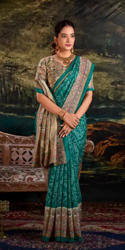 YNF 7209 Green Color Green Silk Fusion Print Madhubani Bandhej Saree Casual, Wedding, Festive, Events . Expected Delivery 4-6 Working Days @1499/- only | Sarees, Bollywood Sarees, Creative Sarees, Designer Sarees, Embroidered Sarees, Ethnic Saree, Modern Digital sarees, Party Wear Sarees