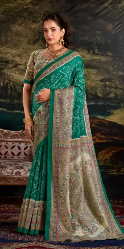 YNF 7209 Green Color Green Silk Fusion Print Madhubani Bandhej Saree Casual, Wedding, Festive, Events . Expected Delivery 4-6 Working Days @1499/- only | Sarees, Bollywood Sarees, Creative Sarees, Designer Sarees, Embroidered Sarees, Ethnic Saree, Modern Digital sarees, Party Wear Sarees