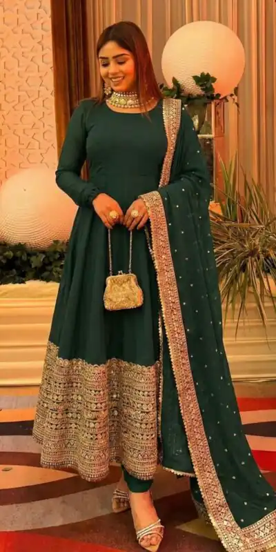 ZSR 3152 Green Color Roman silk Gown with Embroidery Work & Lace Work. Grab it for ₹2599. Delivery 4-6 Working Days. Shop now. | Gowns, Bollywood Gowns, Creative Gowns, Designer Gowns, Embroidered Gowns, Party Wear Gowns