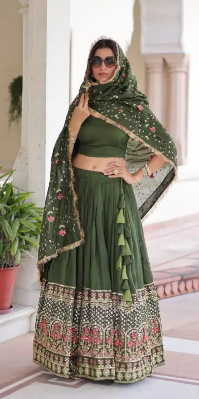 KA 5051 Green in Vichitra Silk Embroidery Work & Sequins Work Lehenga Choli . Now at just ₹2499. Delivery 4-6 Working Days. Shop now. | Lehenga, Bollywood Lehenga, Creative Lehenga, Designer Lehenga, Embroidered Lehenga, Party Wear Lehenga