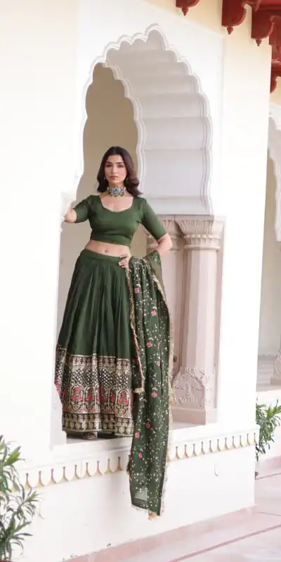 KA 5051 Green in Vichitra Silk Embroidery Work & Sequins Work Lehenga Choli . Now at just ₹2499. Delivery 4-6 Working Days. Shop now. | Lehenga, Bollywood Lehenga, Creative Lehenga, Designer Lehenga, Embroidered Lehenga, Party Wear Lehenga