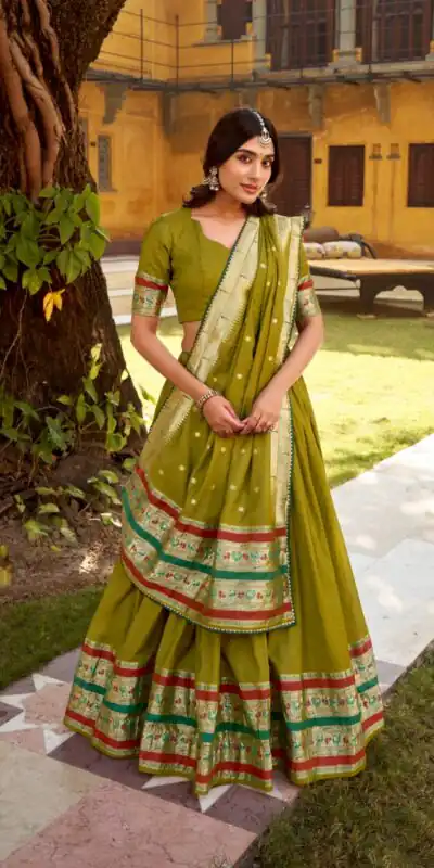 LNB 1903 Mahendi Pure Chanderi (Naylon) Lehenga Choli Perfect for Wedding, Party, Bridal Wear, Temple Visit, Traditional Day – . Get it for ₹2499. Delivery | Lehenga, Bollywood Lehenga, Creative Lehenga, Designer Lehenga, Embroidered Lehenga, Party Wear Lehenga