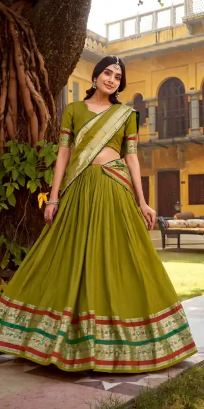 LNB 1903 Mahendi Pure Chanderi (Naylon) Lehenga Choli Perfect for Wedding, Party, Bridal Wear, Temple Visit, Traditional Day β . Get it for βΉ2499. Delivery | Lehenga, Bollywood Lehenga, Creative Lehenga, Designer Lehenga, Embroidered Lehenga, Party Wear Lehenga