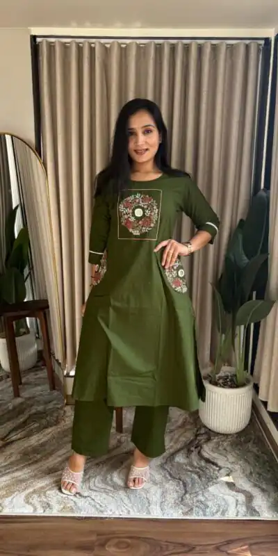 MF 1114 Mahendi Soft Cotton Slub Kurti with Embroidery Work. Wedding, Party, Festive, Events, Grab it for ₹1549. Delivery 4-6 Working Days. Shop now. | Kurti, Bollywood Kurti, Creative Kurtis, Designer Kurti, Party Wear Kurti, Selfie Kurti