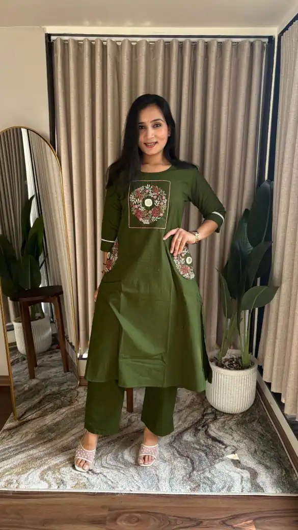 MF 1114 Mahendi Soft Cotton Slub Kurti with Embroidery Work. Wedding, Party, Festive, Events, Grab it for ₹1549. Delivery 4-6 Working Days. Shop now. | Kurti, Bollywood Kurti, Creative Kurtis, Designer Kurti, Party Wear Kurti, Selfie Kurti