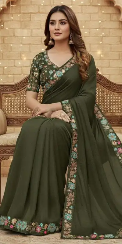 JR 658 Mahendi in Color Star Georgette ace Work & Embroidery Work Saree . Now at just ₹1699. Delivery 4-6 Working Days. Shop now. | Sarees, Bollywood Sarees, Creative Sarees, Designer Sarees, Embroidered Sarees, Ethnic Saree, Modern Digital sarees, Party Wear Sarees