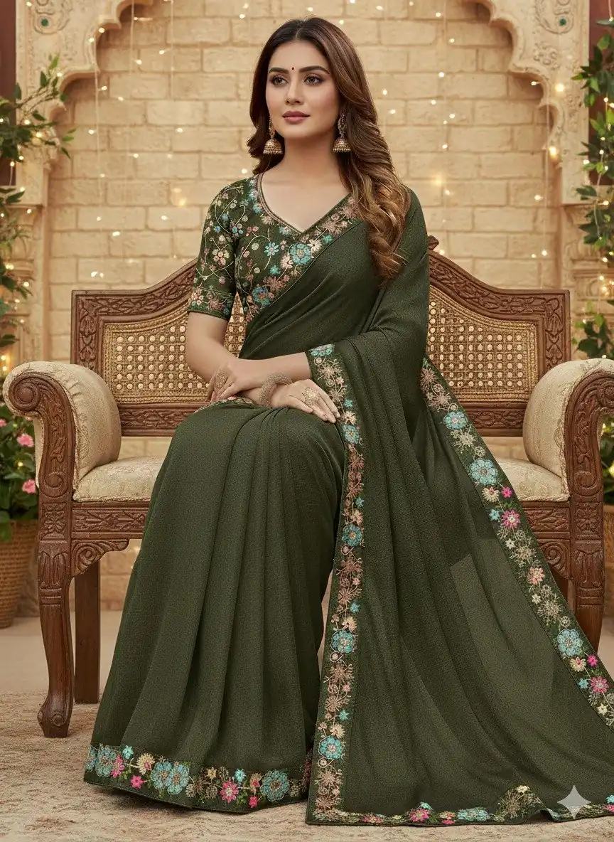 JR 658 Mahendi in Color Star Georgette ace Work & Embroidery Work Saree . Now at just ₹1699. Delivery 4-6 Working Days. Shop now. | Sarees, Bollywood Sarees, Creative Sarees, Designer Sarees, Embroidered Sarees, Ethnic Saree, Modern Digital sarees, Party Wear Sarees