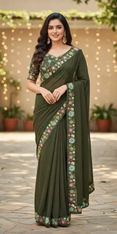 JR 658 Mahendi in Color Star Georgette ace Work & Embroidery Work Saree . Now at just ₹1699. Delivery 4-6 Working Days. Shop now. | Sarees, Bollywood Sarees, Creative Sarees, Designer Sarees, Embroidered Sarees, Ethnic Saree, Modern Digital sarees, Party Wear Sarees