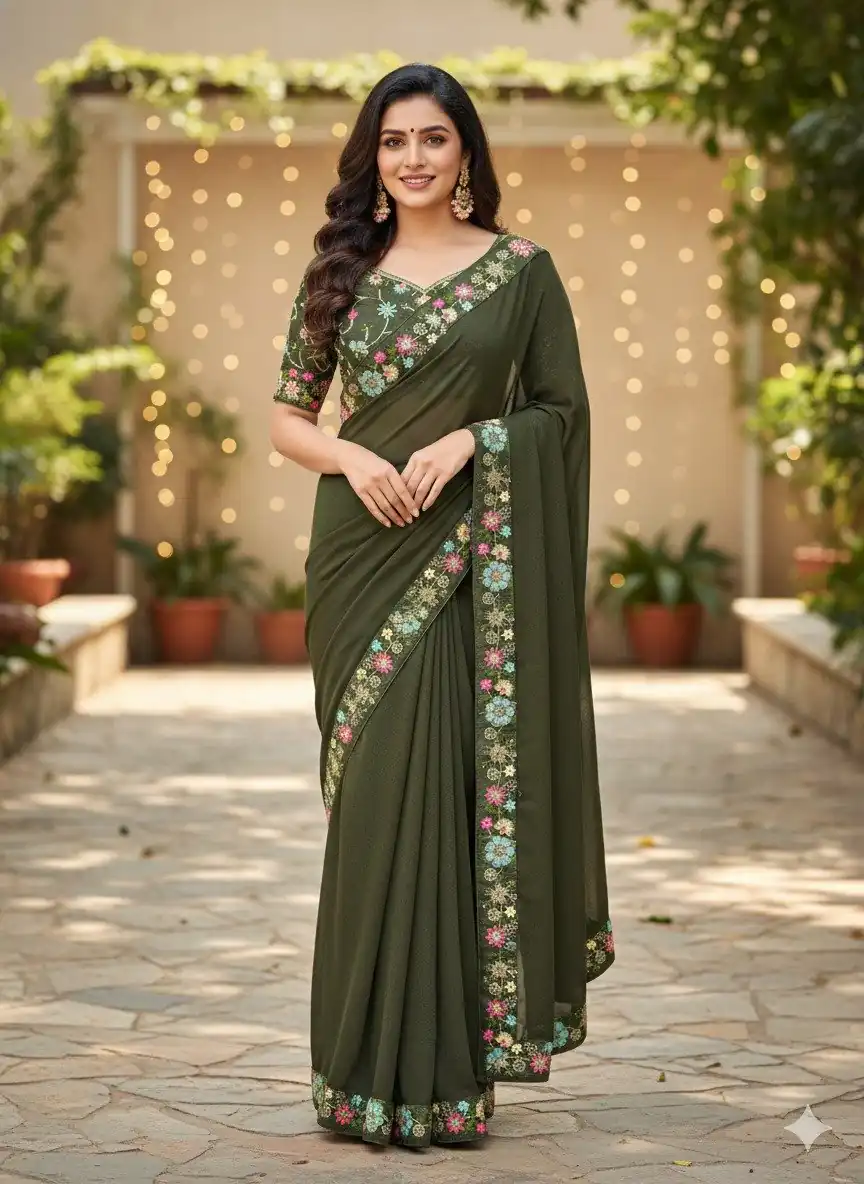 JR 658 Mahendi in Color Star Georgette ace Work & Embroidery Work Saree . Now at just ₹1699. Delivery 4-6 Working Days. Shop now. | Sarees, Bollywood Sarees, Creative Sarees, Designer Sarees, Embroidered Sarees, Ethnic Saree, Modern Digital sarees, Party Wear Sarees