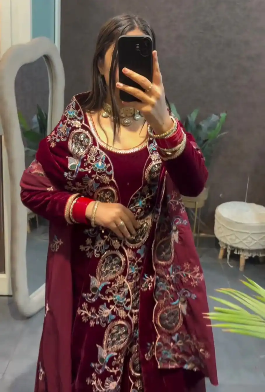 ST 1148 Maroon 9000 Velvet Salwar Suit with Embroidery Work & Lace Work. Get it for ₹2449. Delivery 4-6 Working Days. Shop now. | Jump Suits, Tops & Bottoms, Track Suits, Salwar suit, Casual Suits, Creative suits, Designer Suits, Palazzo Suits, Party Wear Suits, Patiala Suits, Straight Suits, Trendy Wear