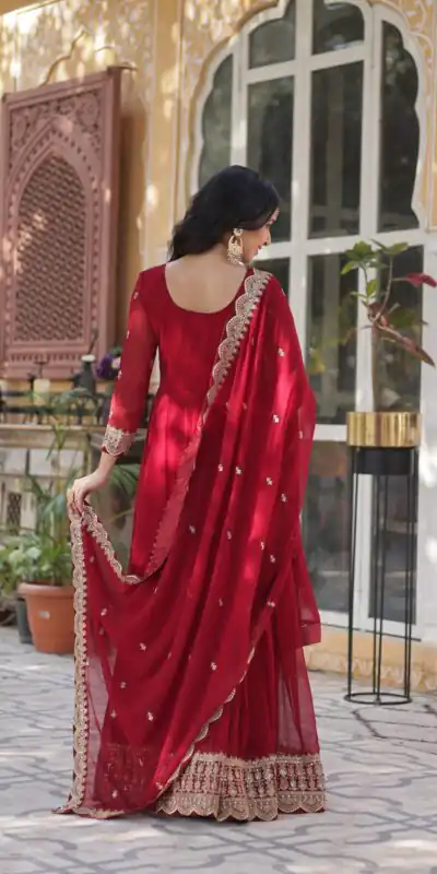 KA 1137 Maroon Faux Blooming Gown with Embroidery Work & Zari Work. Best Price ₹2599. Delivery 4-6 Working Days. Shop now. | Gowns, Bollywood Gowns, Creative Gowns, Designer Gowns, Embroidered Gowns, Party Wear Gowns