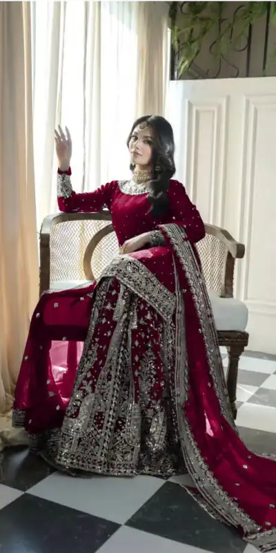 Alternative view of Maroon Faux Georgette Embroidery Rivet Moti Work Salwar Suit