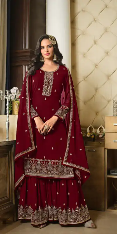 DS LT 8301 Maroon color Georgette Embroidery Sequence Work Sharara Suit Wedding, Festive, Events Etc. Expected Delivery 4-6 Working Days @2149/- | Jump Suits, Salwar suit, Casual Suits, Creative suits, Designer Suits, Palazzo Suits, Party Wear Suits, Patiala Suits, Straight Suits