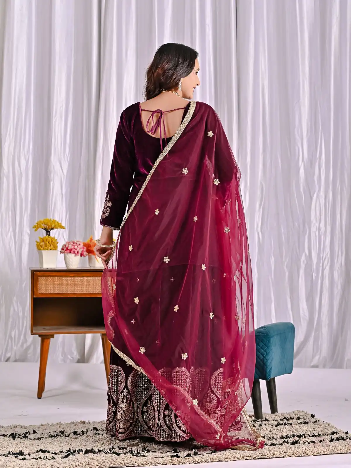 Maroon Pure Viscous Velvet Embroidery Work Salwar Suit - Image 11