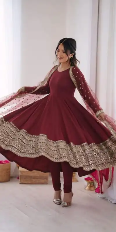 ZSR 3154 Maroon Roman Silk Gown with Embroidery Work & Lace Work. Grab it for ₹2449. Delivery 4-6 Working Days. Shop now. | Gowns, Bollywood Gowns, Creative Gowns, Designer Gowns, Embroidered Gowns, Party Wear Gowns