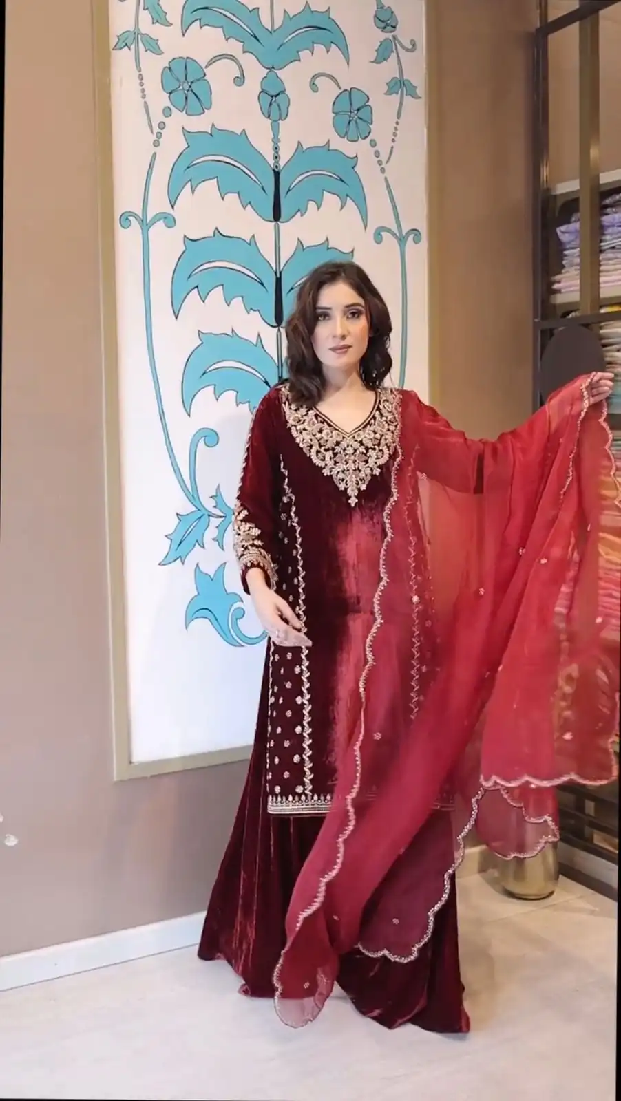 Maroon Velvet Embroidery Work Salwar Suit - Image 3