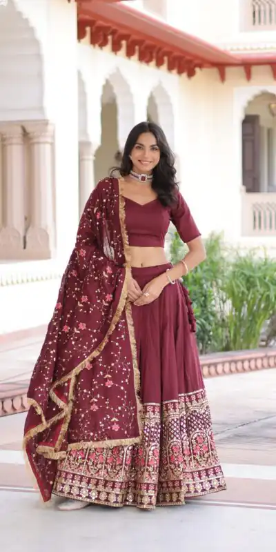 KA 5051 Maroon in Vichitra Silk Embroidery Work & Sequins Work Lehenga Choli . Now at just βΉ2499. Delivery 4-6 Working Days. Shop now. | Lehenga, Bollywood Lehenga, Creative Lehenga, Designer Lehenga, Embroidered Lehenga, Party Wear Lehenga