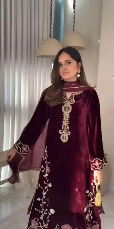 Maroon Viscose Velvet With Lace Work Salwar Suit