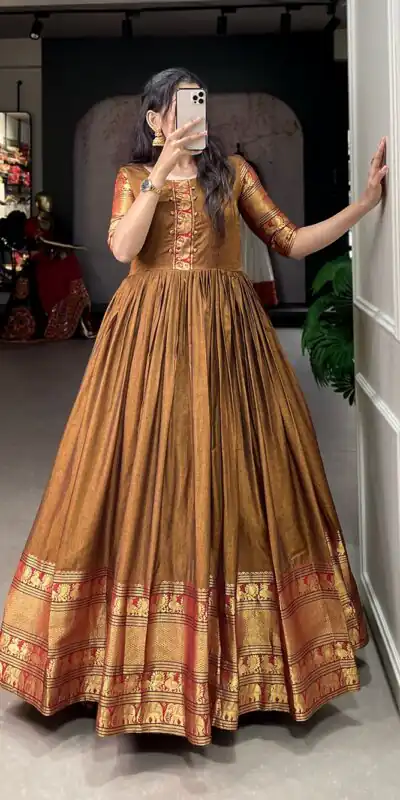 YNF 5316 Mustard Color Narayan pet (cotton) Zari weaving work Gown Casual, Wedding, Festive, Events . Expected Delivery  4-6 Working Days @1799/- only      | Gowns, Bollywood Gowns, Creative Gowns, Designer Gowns, Embroidered Gowns, Party Wear Gowns