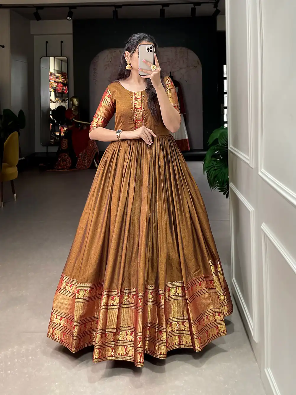 YNF 5316 Mustard Color Narayan pet (cotton) Zari weaving work Gown Casual, Wedding, Festive, Events . Expected Delivery  4-6 Working Days @1799/- only      | Gowns, Bollywood Gowns, Creative Gowns, Designer Gowns, Embroidered Gowns, Party Wear Gowns