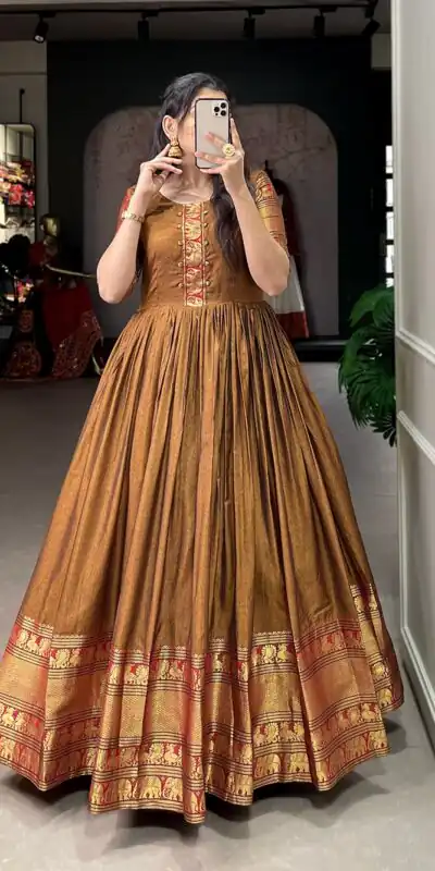 YNF 5316 Mustard Color Narayan pet (cotton) Zari weaving work Gown Casual, Wedding, Festive, Events . Expected Delivery  4-6 Working Days @1799/- only      | Gowns, Bollywood Gowns, Creative Gowns, Designer Gowns, Embroidered Gowns, Party Wear Gowns