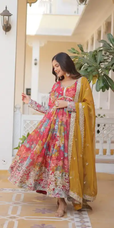 KA 1076 Mustered Russian Silk Gown Perfect for Wedding, Party, Ethnic Day, Haldi, Traditional Day – . Special Price ₹1499. Delivery 4-6 Working Day | Gowns, Bollywood Gowns, Creative Gowns, Designer Gowns, Embroidered Gowns, Party Wear Gowns