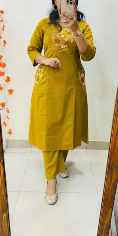 MF 1114 Mustered Soft Cotton Slub Kurti with Embroidery Work. Wedding, Party, Festive, Events, Grab it for ₹1549. Delivery 4-6 Working Days. Shop now. | Kurti, Bollywood Kurti, Creative Kurtis, Designer Kurti, Party Wear Kurti, Selfie Kurti