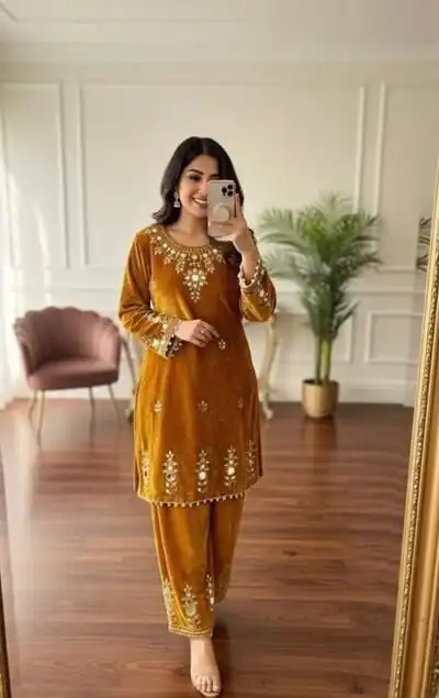 BE 423 Mustered Velvet Salwar Suit with Embroidery Work & Mirror Work. Now at just ₹1849. Delivery 4-6 Working Days. Shop now. | Jump Suits, Tops & Bottoms, Track Suits, Salwar suit, Casual Suits, Creative suits, Designer Suits, Palazzo Suits, Party Wear Suits, Patiala Suits, Straight Suits, Trendy Wear