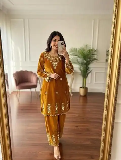 BE 423 Mustered Velvet Salwar Suit with Embroidery Work & Mirror Work. Now at just ₹1849. Delivery 4-6 Working Days. Shop now. | Jump Suits, Tops & Bottoms, Track Suits, Salwar suit, Casual Suits, Creative suits, Designer Suits, Palazzo Suits, Party Wear Suits, Patiala Suits, Straight Suits, Trendy Wear