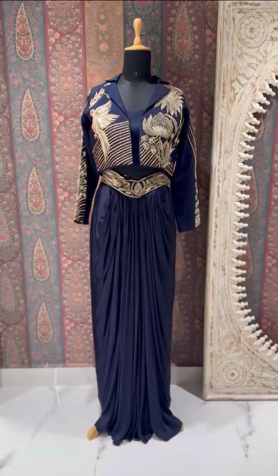 BE 372 Navy Blue French Crape Dhoti Suit Perfect for Wedding, Party, Ganesh Chaturthi, Durga Puja, Housewarming – . Available at ₹1899 only. Deliv | Jump Suits, Salwar suit, Casual Suits, Creative suits, Designer Suits, Palazzo Suits, Party Wear Suits, Patiala Suits, Straight Suits