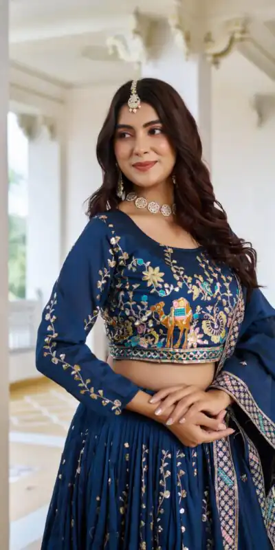 Ram 150 Navy Blue Color Vichitra Lehenga Choli with Embroidery Work. Grab it for ₹3049. Delivery 4-6 Working Days. Shop now. | Lehenga, Bollywood Lehenga, Creative Lehenga, Designer Lehenga, Embroidered Lehenga, Party Wear Lehenga