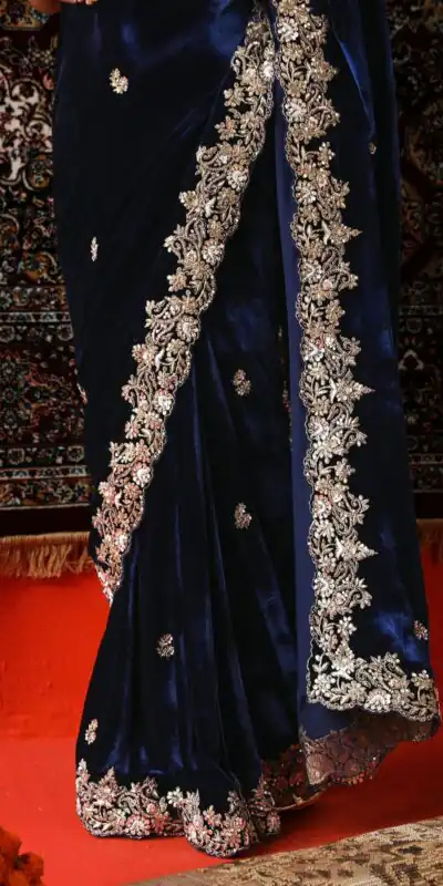 KD 616 Navy Blue Viscose Velvet Saree. Perfect for Wedding, Party, Housewarming, Anniversary, Bridal Wear – Introductory Price ₹2099. Delivery 4- | Sarees, Bollywood Sarees, Creative Sarees, Designer Sarees, Embroidered Sarees, Ethnic Saree, Modern Digital sarees, Party Wear Sarees