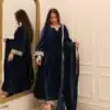 Navy Blue Viscous Velvet Embroidery Work Gown
