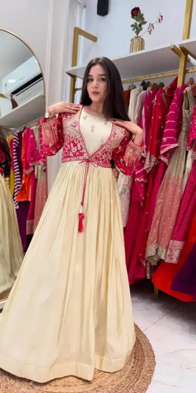 BT 5022 Off White Mono Silk Gown Perfect for Wedding, Party, Housewarming, Sangeet, Pongal – . Available at ₹2149 only. Delivery 4-6 Working Days. | Gowns, Bollywood Gowns, Creative Gowns, Designer Gowns, Embroidered Gowns, Party Wear Gowns