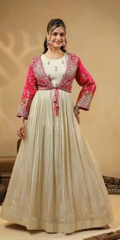 BT 5022 Off White Mono Silk Gown Perfect for Wedding, Party, Housewarming, Sangeet, Pongal – . Available at ₹2149 only. Delivery 4-6 Working Days. | Gowns, Bollywood Gowns, Creative Gowns, Designer Gowns, Embroidered Gowns, Party Wear Gowns