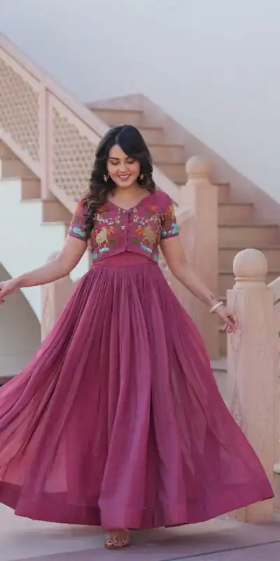 KA 1170 Onion Color Silver Crunchy Gown with Embroidery Work. Introductory Price ₹1799. Delivery 4-6 Working Days. Shop now. | Gowns, Bollywood Gowns, Creative Gowns, Designer Gowns, Embroidered Gowns, Party Wear Gowns