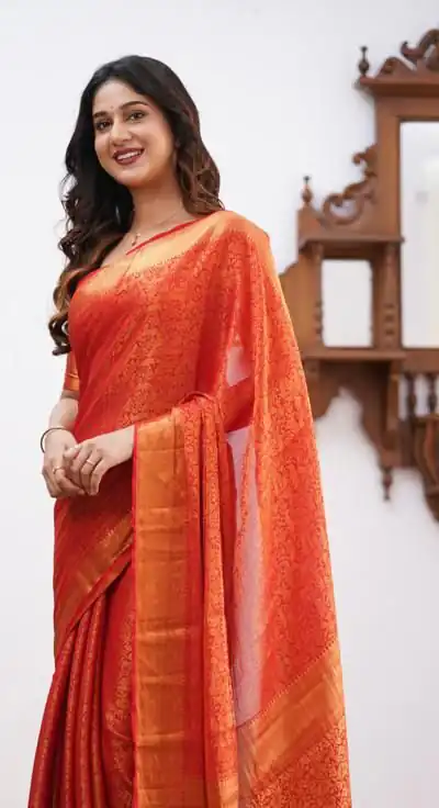KPR 168 Orange in Soft Lichi Silk Lace Border & Lace Work Saree . Available at ₹1299 only. Delivery 4-6 Working Days. Shop now. | Sarees, Bollywood Sarees, Creative Sarees, Designer Sarees, Embroidered Sarees, Ethnic Saree, Modern Digital sarees, Party Wear Sarees