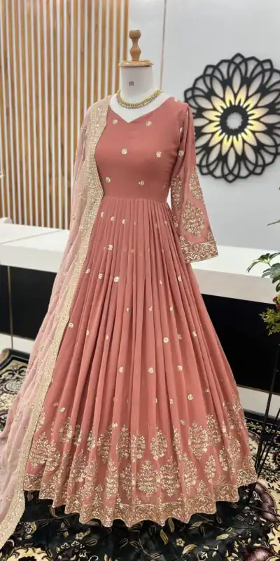 ZF 359 Peach Color Georgette Embroidery Sequence Work Gown Casual, Wedding, Party, Festive, Events Etc. Expected Delivery 4-6 Working Days @1999/- | Gowns, Bollywood Gowns, Creative Gowns, Designer Gowns, Embroidered Gowns, Party Wear Gowns